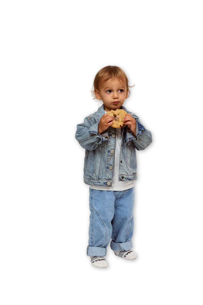 A toddler in a denim jacket holding a chocolate chip cookie with both hands.