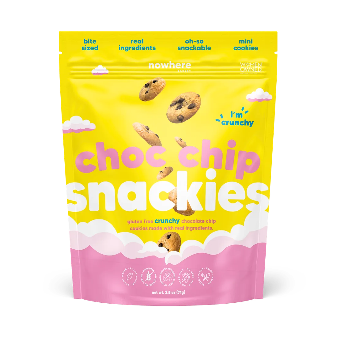 Choc Chip Snackies in a yellow resealable pouch
