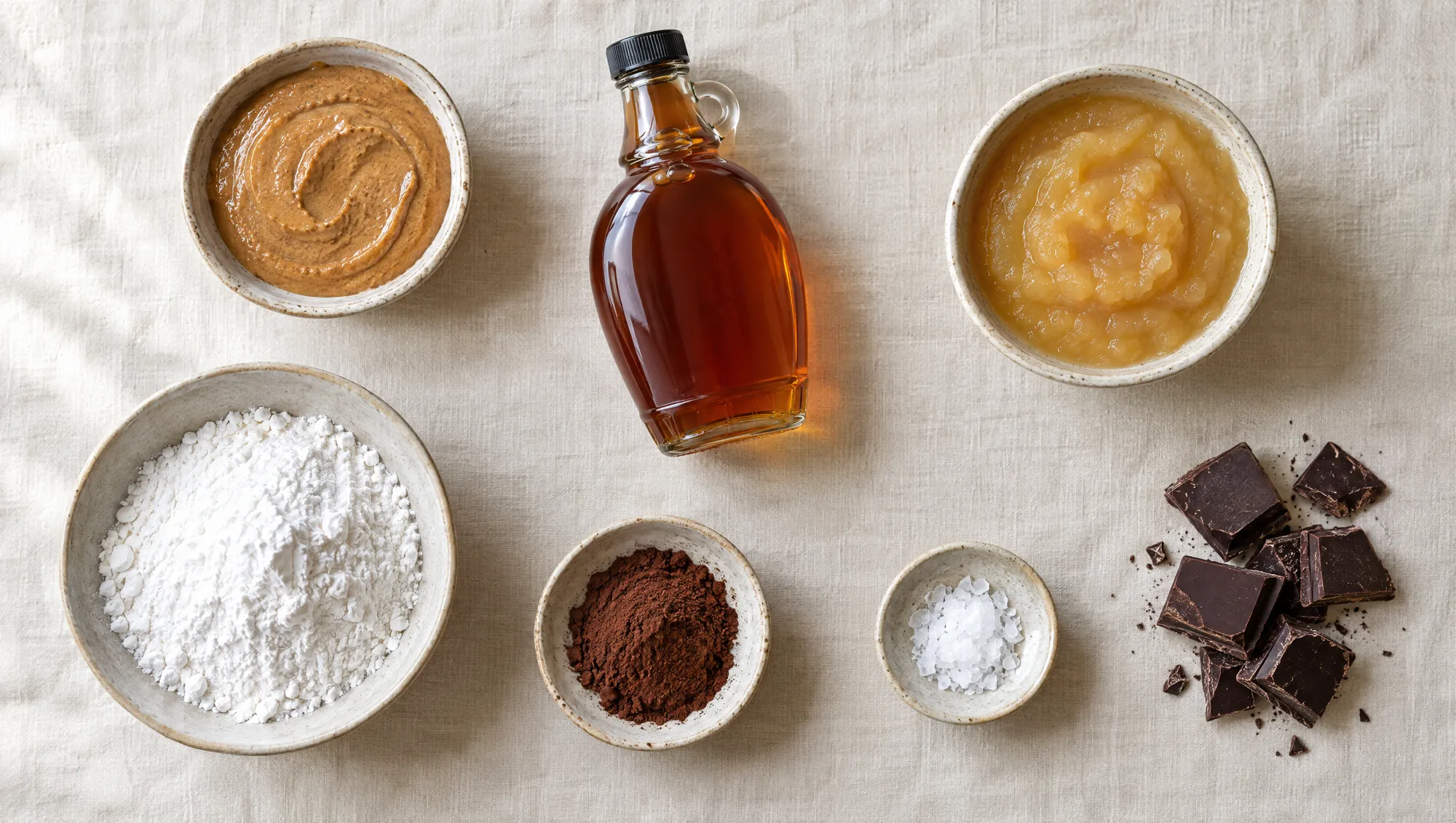 Almond butter, maple syrup, applesauce, tapioca flour, cacao, flaky sea salt and chocolate chunks in small bowls on linen.
